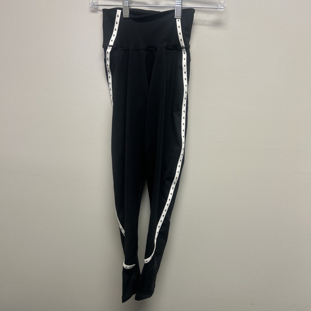 Adidas Womens Black Athletic Leggings White Side Stripes AEROREADY Size XS
